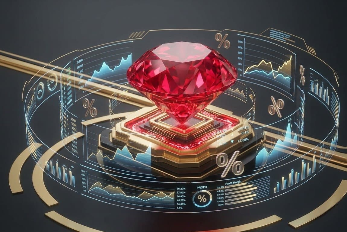 Rubí sobre un procesador dorado, rodeado de gráficas de rentabilidad y porcentajes