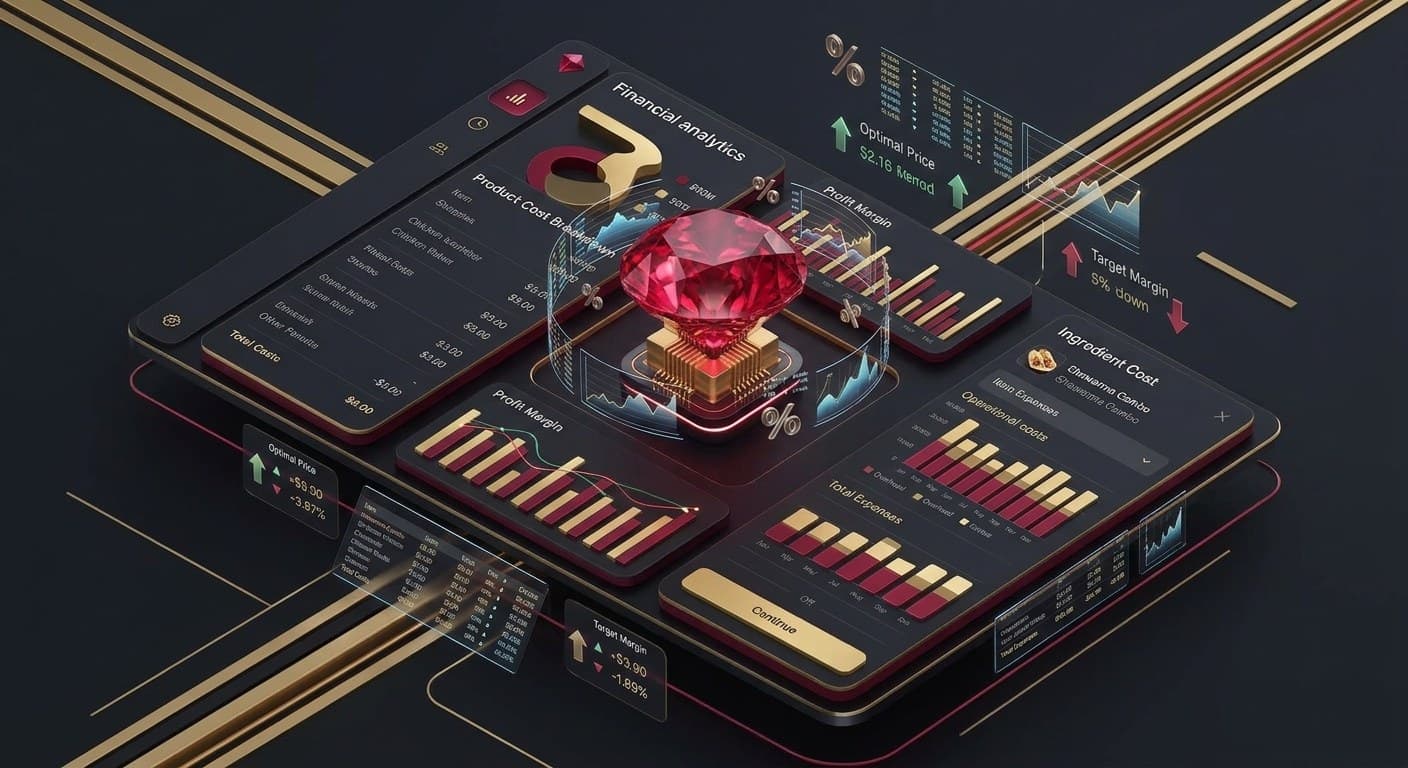 Vista isométrica del tablero de Ruby con desglose de costos, margen y precio óptimo
